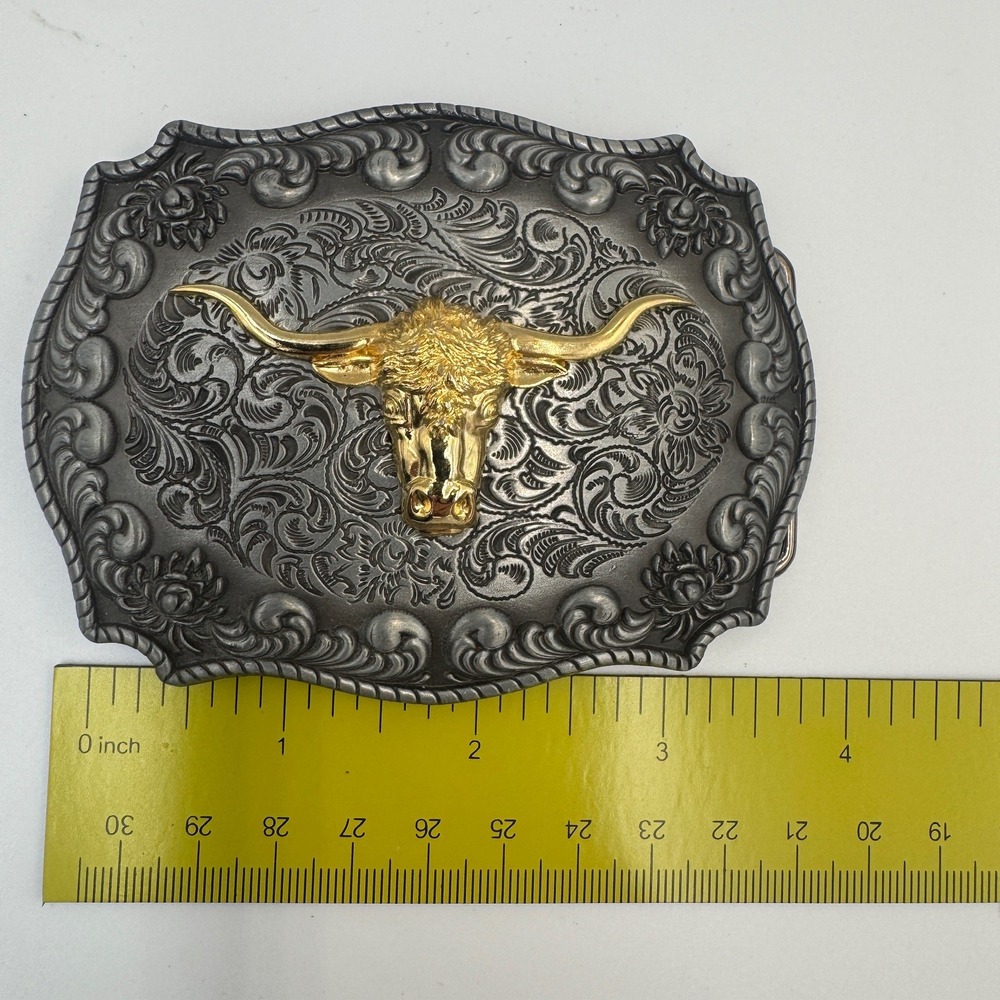 Jean's Friend‎ Western Longhorn Bull Belt Buckle Floral Scrollwork
